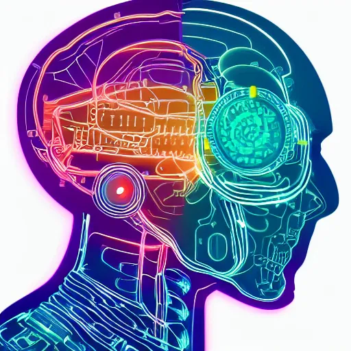 Prompt: a multicolored painter palette and a very detailed robot head with a brain made of glowing cables and little squared images, white background, vector art