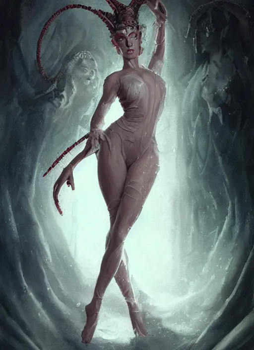 Prompt: a detailed body portrait of a elegantly dressed female tiefling dancing, queen of blades, a beautiful face, by dorian cleavenger, by greg rutkowski, by wlop, by astri lohne, by zdzisław beksinsk, by bastien lecouffe - deharme