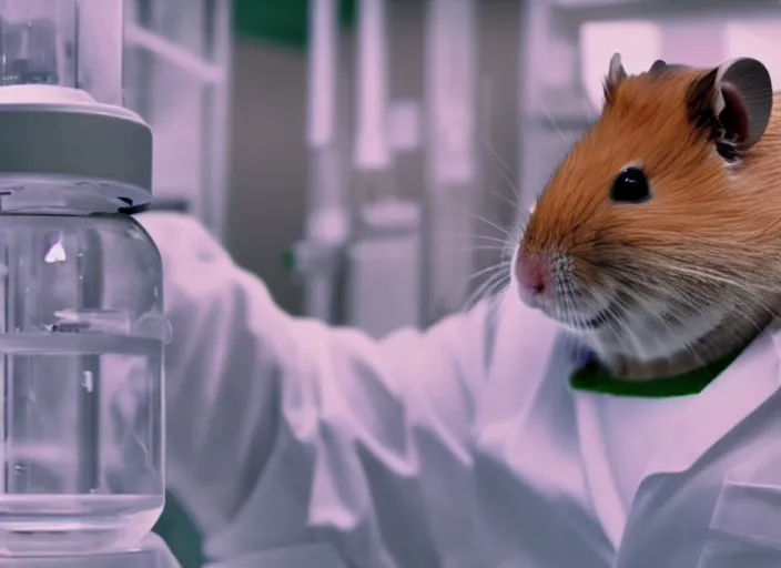 Image similar to film still of a hamster working in a research lab finding the cure for cancer, 8 k