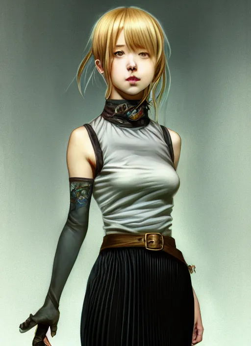 Image similar to portrait of a full body of beautiful young female detective, d & d, sleeveless turtleneck, pleated skirt, fantasy, flat lighting, intricate, highly detailed, digital painting, artstation, concept art, smooth, sharp focus, illustration, misa amane, art by simon bisley and greg rutkowski and alphonse mucha, natural tpose