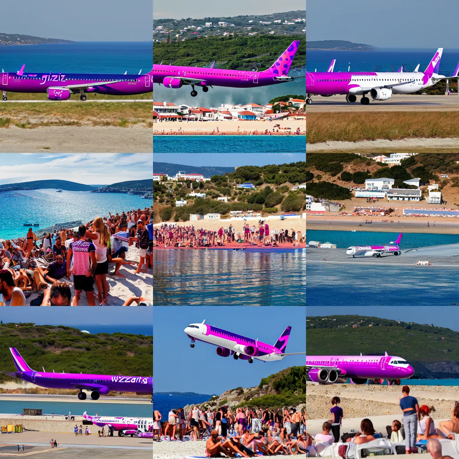 Prompt: wizzair airbus a 3 2 1 neo landing at skiathos airport, low over the heads of the people on the beach, in the style of caravaggio