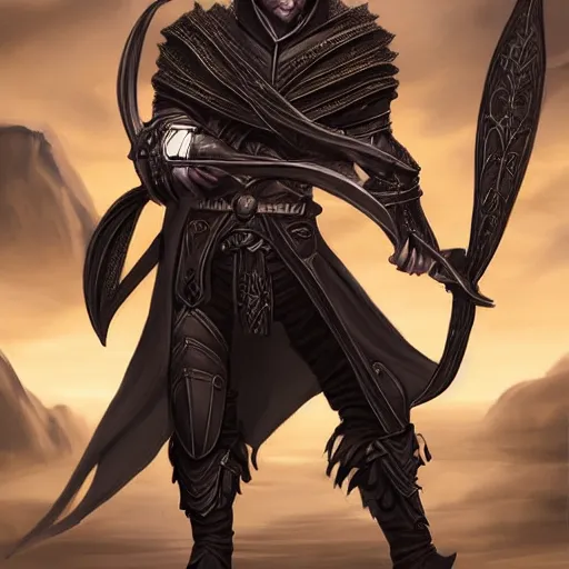 Prompt: male elfish tiefling with long dark hair wearing black armor, fantasy art, sharp image, highly detailed, fantasy, dnd, character art