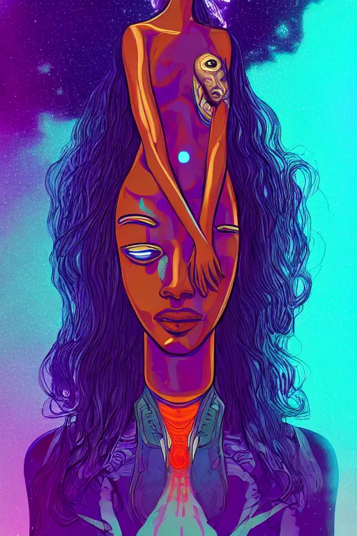 Image similar to 👁👩🏾🛸👗👾, phantom, dreary, dramatic, fluid, golden ratio, artstation, moebius + loish, hd,