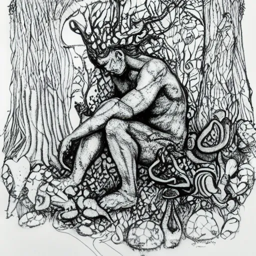 Image similar to The Thinker Sculpture covered in mushrooms & peyote & ayahuasca, sitting in a dense forest, ink sketch, Naturalists notebook