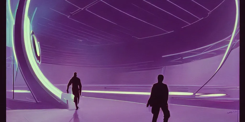 Image similar to a beautiful painting of a person walking out of a stargate by syd mead 8 k particulate neon light film grain