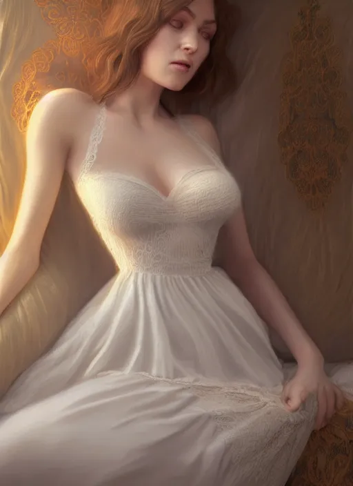 Prompt: young woman beautiful face : : sleeping lace white dress : : night home bed : : weta disney pixar movie still photo : : decadent highly - detailed digital painting, full length shot, golden ratio, octane render, artstation, smooth, sharp focus, artgerm, mucha, loish, wlop, gogo