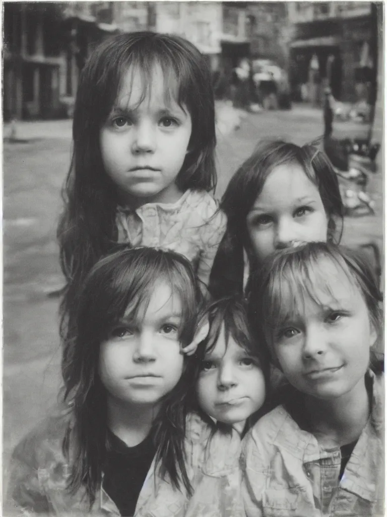 Image similar to two kids, portrait, strong backlight, town square, 1 9 8 0, polaroid