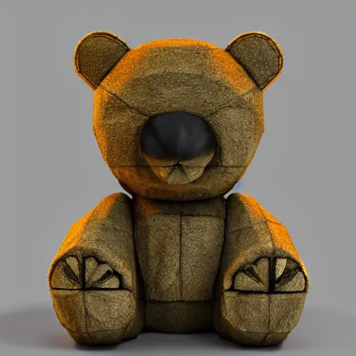 Image similar to brutalist teddy bear covered in oil, 8 k, 3 d octane render, unreal engine