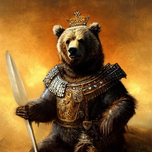 Prompt: a grizzly bear wearing roman empire armor sitting on a throne made of swords, rembrandt lighting, art station, digital art, highly detailed