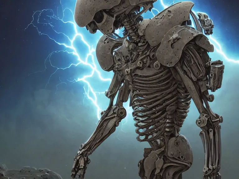 Image similar to a detailed profile illustration of a skeleton in a space armour, cinematic sci-fi poster. technology flight suit, bounty hunter portrait symmetrical and science fiction theme with lightning, aurora lighting clouds and stars by beksinski carl spitzweg and tuomas korpi. baroque elements. baroque element. intricate artwork by moebius. Trending on artstation. 8k