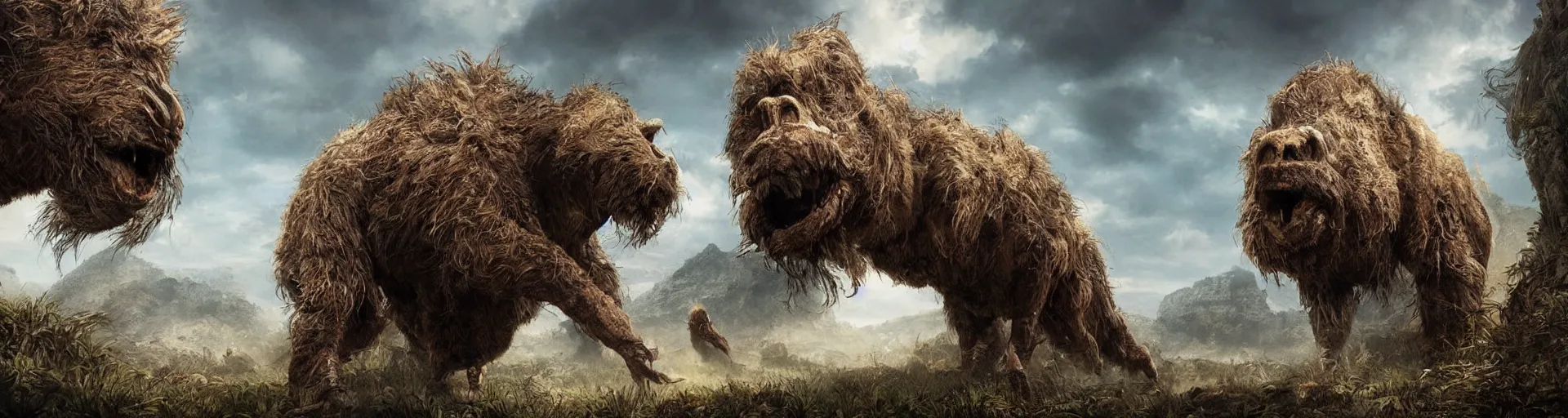 Prompt: highly detailed portrait photo of a huge hairy Mûmakil, wandering through a scenic dystopian fantasy environment, hyperrealistic Illustration