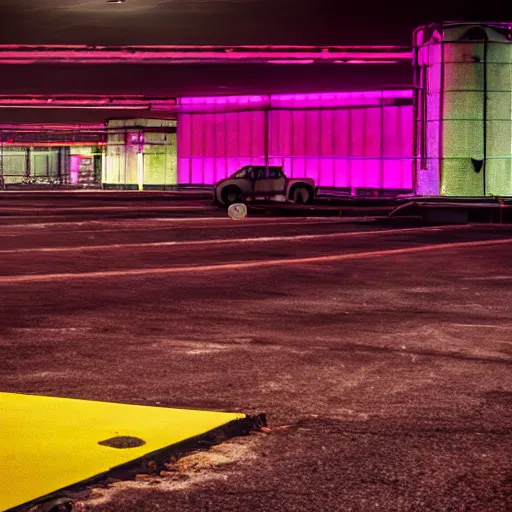 Image similar to a indoor abandoned parking lot with a farm runed by robots where they plant human heads, magenta lighting, neon, cyberpunk, art by Simon Stalenhag, cinematic, 4k