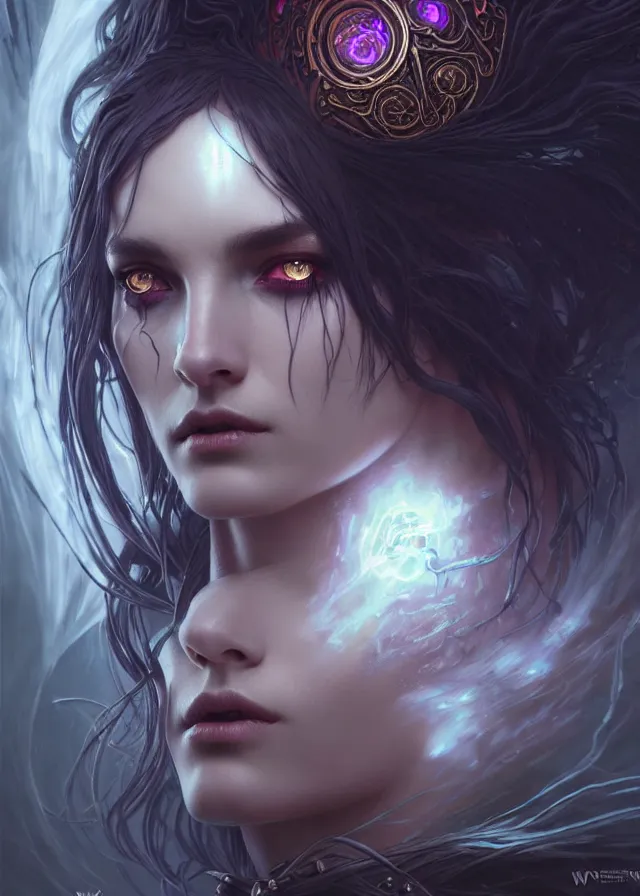 Image similar to Necromancer Sorceress face close-up macro in center, fantasy magic, undercut hairstyle, dark light night, intricate, elegant, sharp focus, illustration, highly detailed, digital painting, concept art, matte, art by WLOP and Artgerm and Greg Rutkowski and Alphonse Mucha, masterpiece