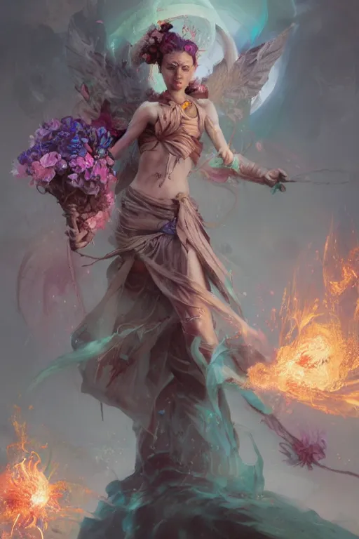 Image similar to beautiful girl necromancer, witch - doctor exploding into flowers, angels, 3 d render, hyper - realistic detailed portrait, holding fire and electricity rainbow, ruan jia, wlop. scifi, fantasy, magic the gathering, hyper detailed, octane render, concept art, peter mohrbacher