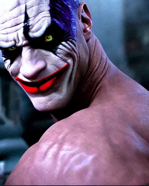 Image similar to Film still close-up shot of Dwayne The Rock Johnson as The Joker from the movie The Dark Knight