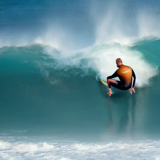 Image similar to professional photo of a surfer on a huge wave, summer season, 8 k