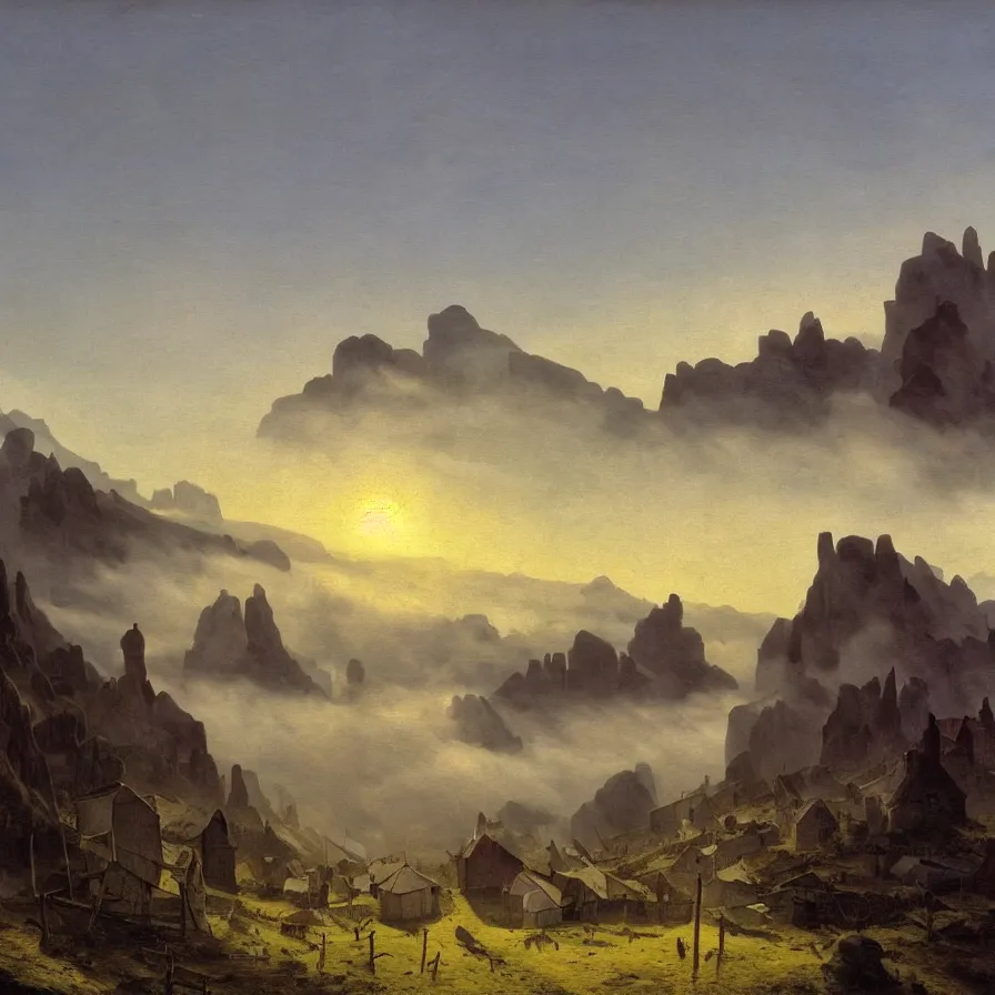 Image similar to village above the clouds, sharp pointy mountains, wooden platforms, tents, colors, misty clouds, sun at dawn, brutalism, painting by caspar david friedrich