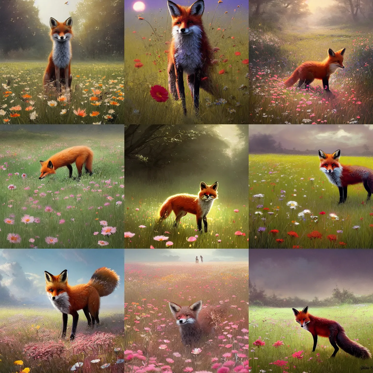 Prompt: a fox in a field of beautiful flowers, by stanley lau and greg rutkowski