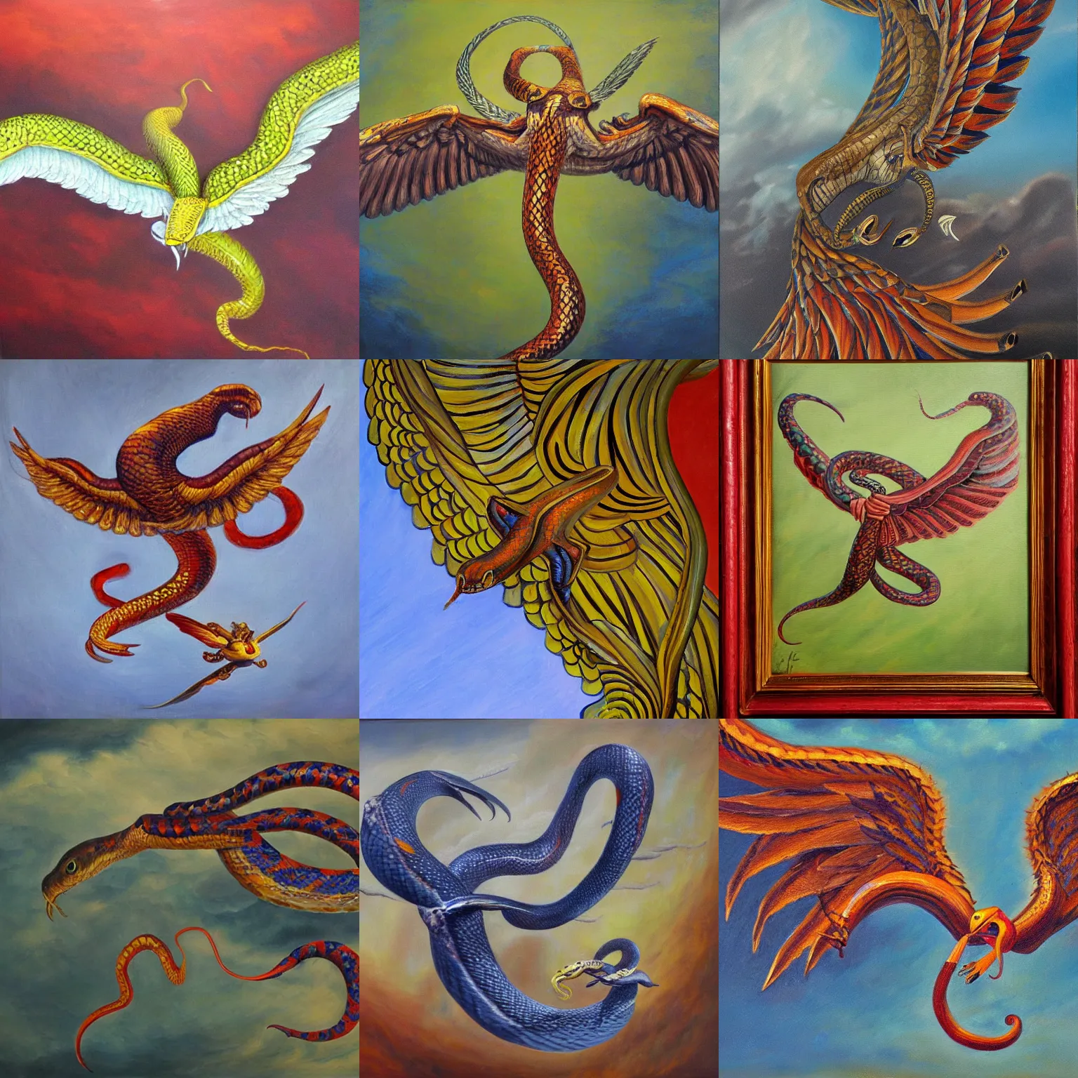 Prompt: flying snake with wings, oil painting, detailed