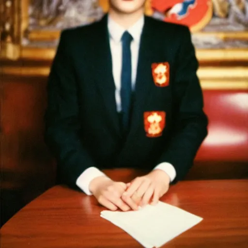 Image similar to A young man in a suit sits at a table , coat of arms of USSR in background, bokeh, cinestill, fine details