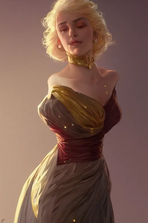 Image similar to a girl wearing a golden dress, grey hair, red necktie, cinematic, stunning, highly detailed, digital painting, artstation, smooth, hard focus, full body shot, illustration, art by artgerm and greg rutkowski and alphonse mucha