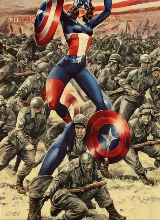 Image similar to beautiful female captain america standing on a pile of defeated german soldiers. feminist captain america wins wwii. american wwii propaganda poster by james gurney