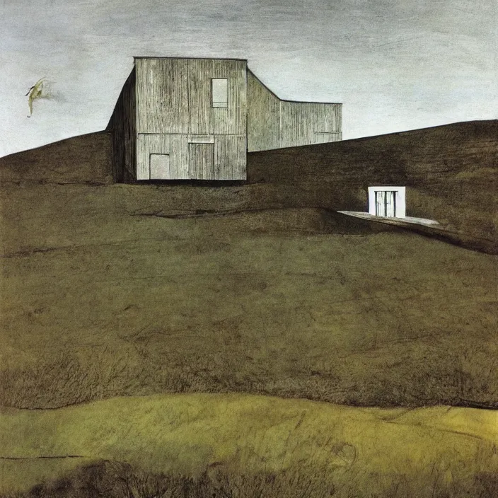 Prompt: a building in a landscape, by andrew wyeth