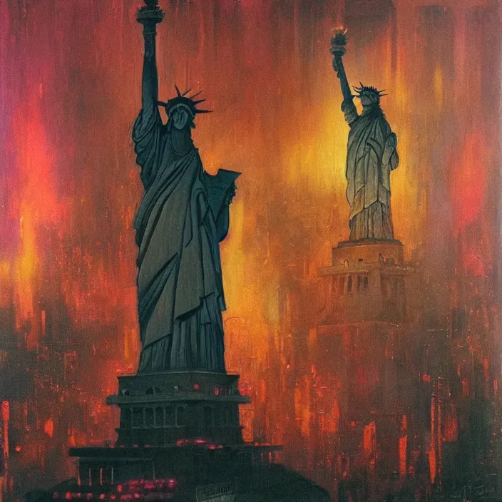 Image similar to statue of liberty in long large chains in underground city, red and purple palette, volume light, fog, by ( h. r. giger ) and paul lehr