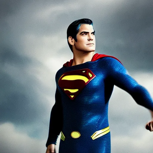 Image similar to George Clooney starring as Superman, cinematic portrait