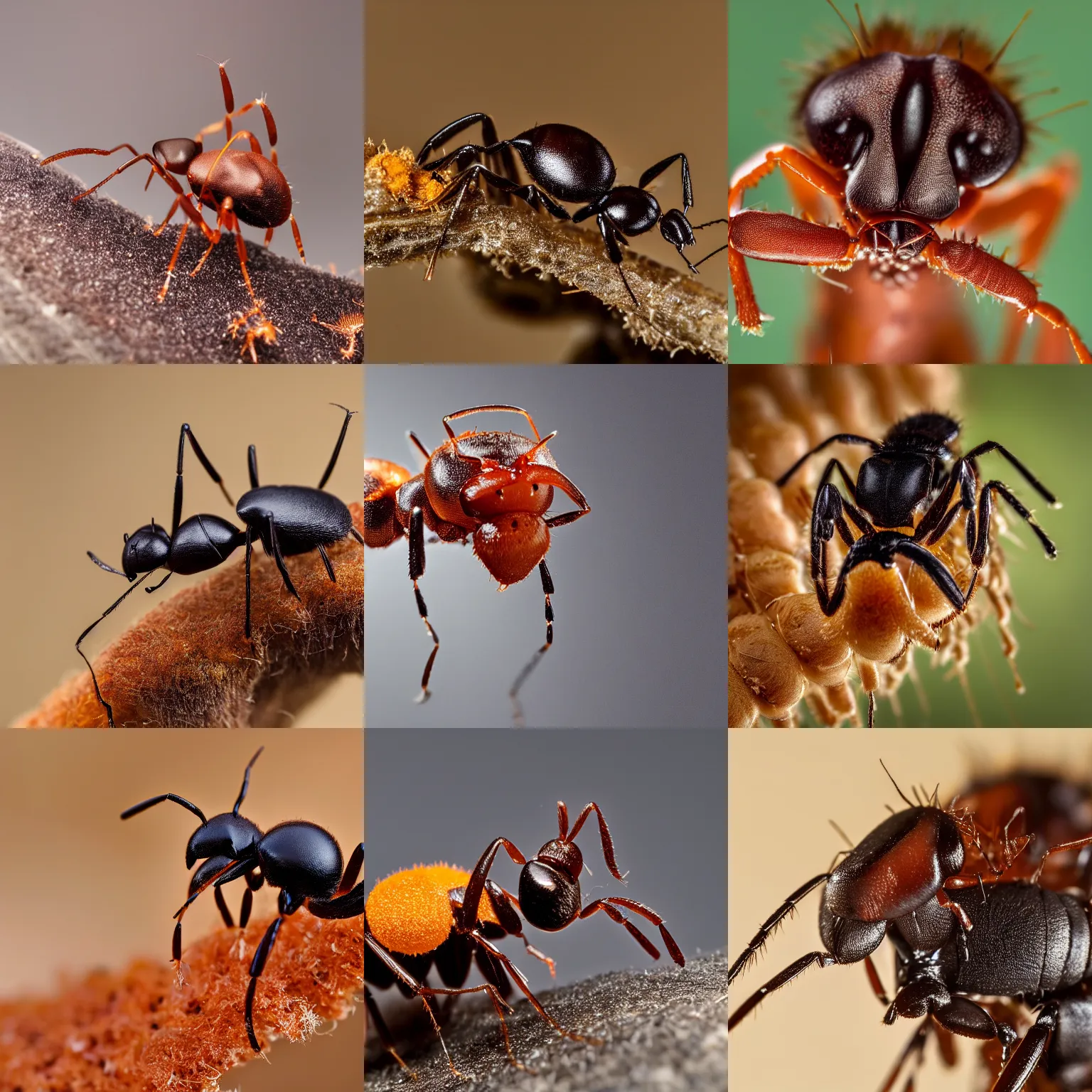 Prompt: a macro photograph of an ant with a fuzzy fungal cordyceps stalk coming out of it's head