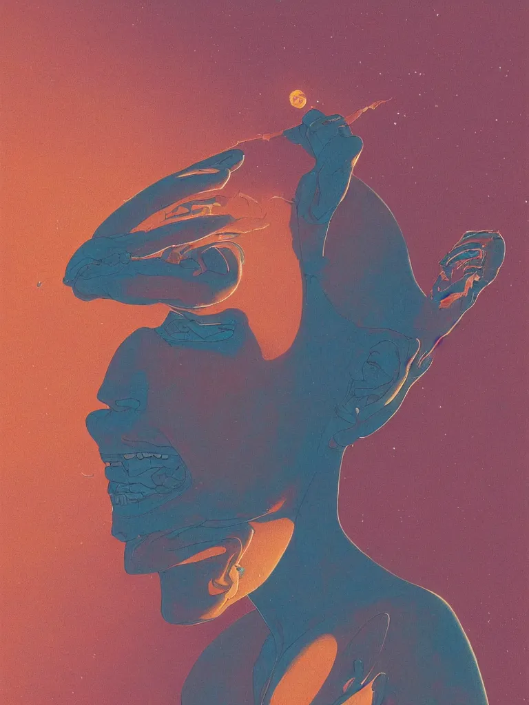 Image similar to a scifi closeup portrait of a young british man licking a blotter paper of LSD acid on his tongue and dreaming psychedelic hallucinations in cosmos, by kawase hasui, moebius, Edward Hopper and James Gilleard, Zdzislaw Beksinski, Steven Outram colorful flat surreal design, hd, 8k, artstation