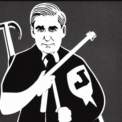 Image similar to soviet propaganda of robert mueller holding a hammer and sickle in realistic collective farm