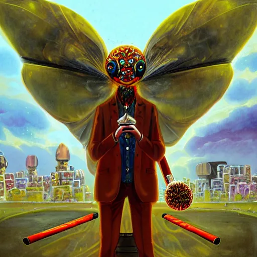 Prompt: 8K centered headshot Portrait of a psychedelic godlike mothman posing with a cigar with giant mandala wings smoking a hand-rolled cigarette smoking heavily , magic mushroom village in background , post-processing , award winning. superb resolution. in the art style of Satoshi Kon and Greg Rutkowski . Detailed Mushroom city in background. Hyper realistic anime. Perfect art. Dalle2