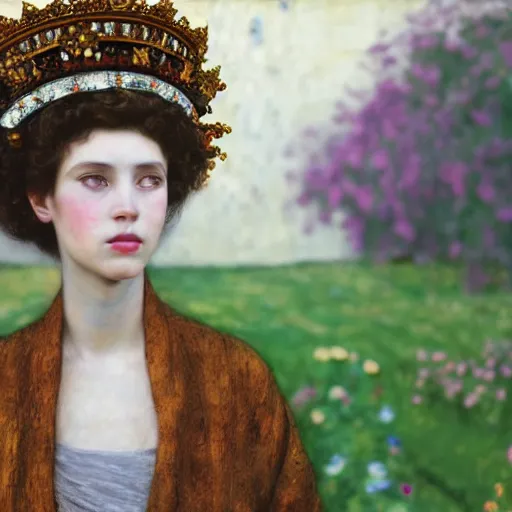 Image similar to a girl with crown by gustav klimt and egon schiele,inside the garden, baroque, matte painting, concept art,highly detailed,sharp lines, hdri, 4k -