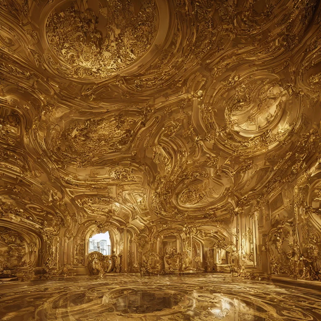 Prompt: an incredibly smooth curvilinear neo baroque interior architectural modern design, a golden pool on the ground, visually highly satisfying architecture render