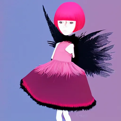 Image similar to little girl with an pink bizarre haircut wearing an dress made of black feathers, artwork made by ilya kuvshinov