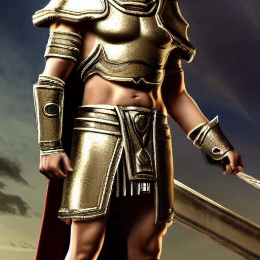 Image similar to male divine androgynous gorgeous, with a white gold high angelic armor, dark epic, roman toga, cinematic lighting, heaven background, concept art, highly detailed, photorealistic, 4 k