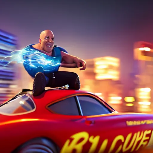 Prompt: realistic vin diesel riding on top on a roof of lightning mcqueen, cinematic, bokeh, blur, action