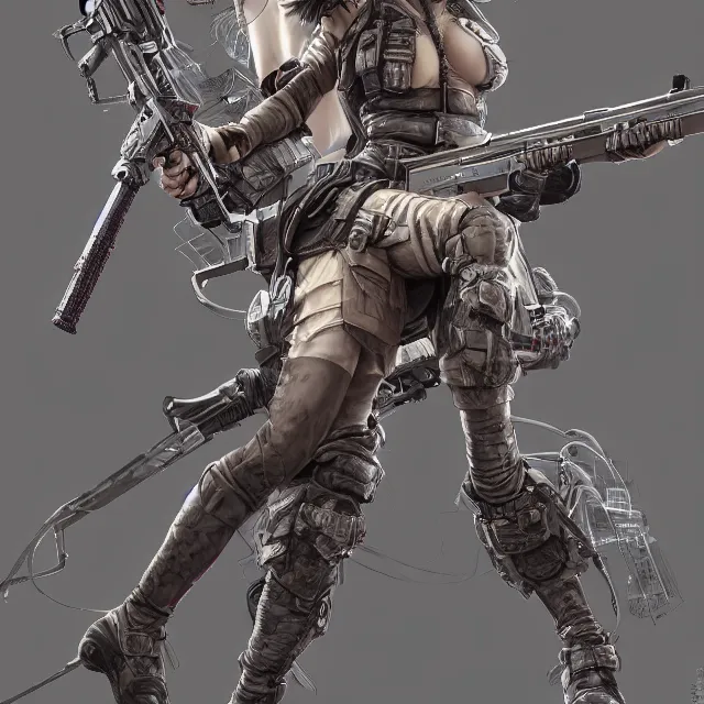 Image similar to the portrait of lawful neutral female futuristic infantry sniper as absurdly beautiful, gorgeous, elegant, young gravure idol, an ultrafine hyperdetailed illustration by kim jung gi, irakli nadar, intricate linework, bright colors, octopath traveler, final fantasy, unreal engine 5 highly rendered, global illumination, radiant light, detailed and intricate environment