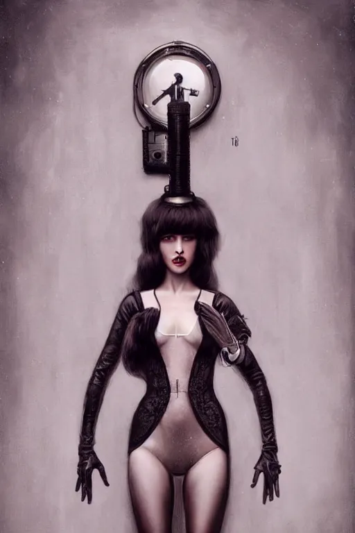 Prompt: Film noir portrait of a beautiful female dollpunk with thin lustrous hair wearing a bodysuit, focus, detailed, realistic eyes, symmetric body features proportions, intricate details, award winning, by Tom Bagshaw