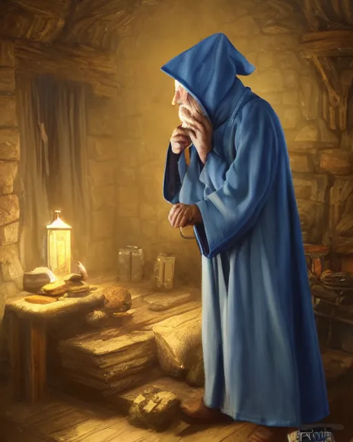 Image similar to oil painting of a an old mage wearing a blue robe and wizard hat, cozy wood cabin background, staff resting against a wall, fantasy style, volumetric lighting, 8k high definition, by greg rutkowski, highly detailed, trending on deviant art