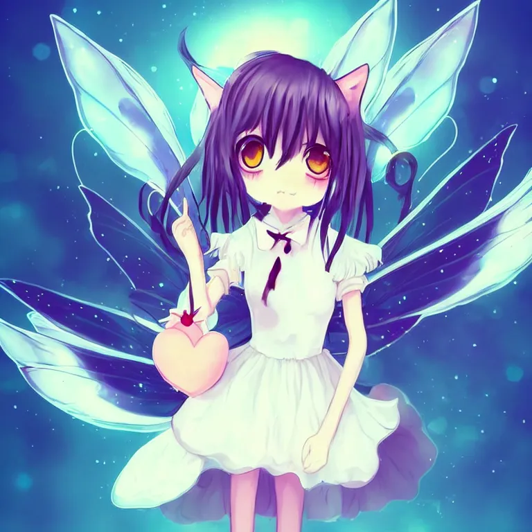 Image similar to cute, full body, female, anime style, a cat girl with fairy wings, large eyes, beautiful lighting, sharp focus, simple background, creative, heart effects, filters applied, illustration