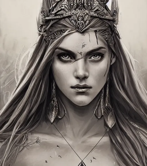 Prompt: beautiful aphrodite goddess wearing an arrow on her head, realistic face, beautiful eyes, black and white drawing, in the style of greg rutkowski, fantasy, amazing detail, epic, intricate, elegant, smooth, sharp focus