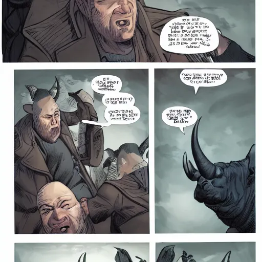 Image similar to portrait of an angry man with rhino horn, wide shot saga comic, fiona staples