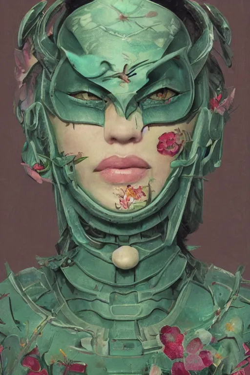 Image similar to portrait of beautiful young mainem, warhammer, japaneese style, cyber armor, a lot of more scars, more and more flowers, green head, the middle ages, highly detailed, artstation, illustration, art by rene magritte, 8 k quality