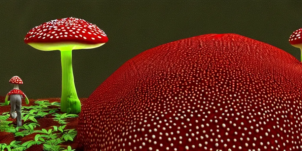 Image similar to a 3 d render of an amanita muscaria mushroom giant with tiny people below looking up at it,