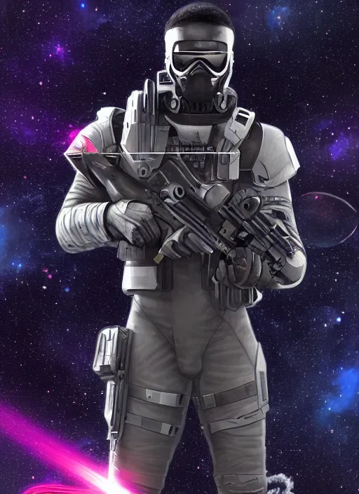 Prompt: space soldier, masculine black male holding a laser rifle in front of exploding nebulae, detailed digital illustration trending on artstation by artgerm and rutkowski