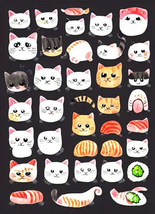 Prompt: cute cats and sushi watercolour illustrations sheet