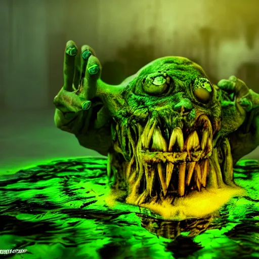 Prompt: zombie creature in green liquid, cinematic lighting, various refining methods, micro macro autofocus, ultra definition, award winning photo