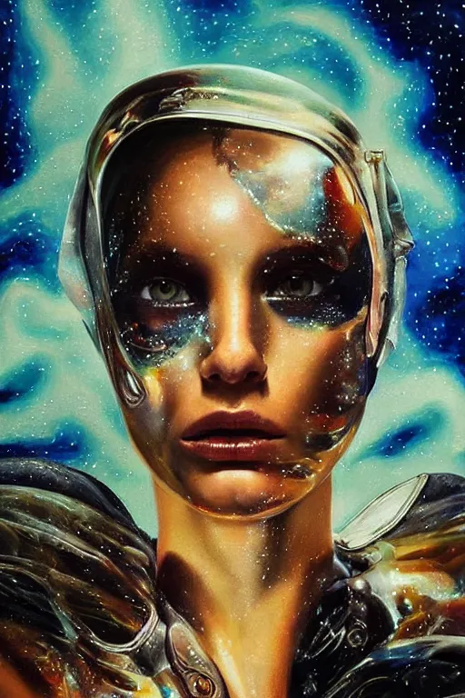 Prompt: hyperrealism oil painting, close-up portrait of beautiful fashion model dressed in cloak and melted cyborg, ocean pattern mixed with star sky in front, in style of classicism mixed with 70s sci-fi book art
